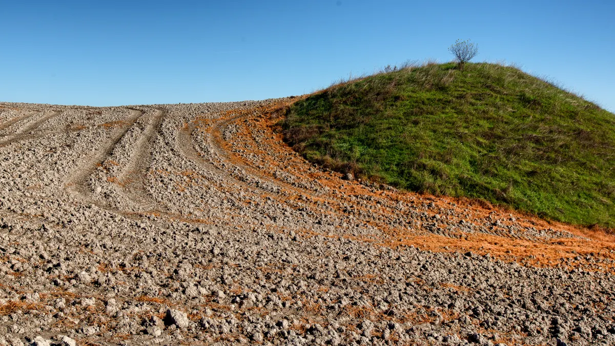 Grassy dirt berm beside a gravel road